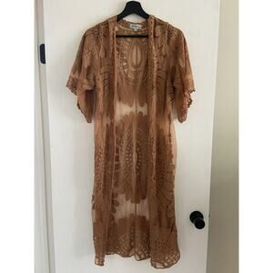 Rebellion Again Lace Floral Kimono Robe Beach Cover Festival Boho Cardigan Rust